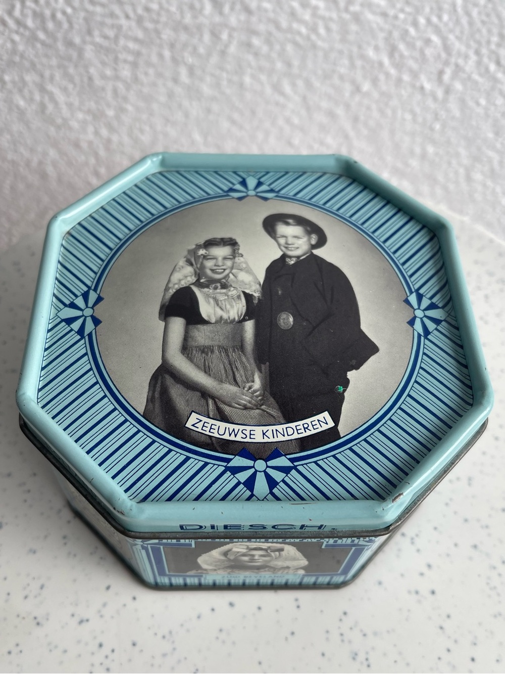Vintage Blue Decorative Octagonal Tin - 'Zeeuwse Kinderen'…. Holland